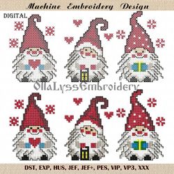 Three Christmas Gnomes cross stitch digital machine embroidery designs