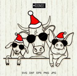 Christmas Farm Animals With Santa Hats And Sunglasses Svg, Cow Pig Goat, Christmas Farmhouse Sign Cut Files
