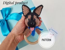 Crochet pattern baby rattle Dog German Shepherd, Amigurumi Pattern teether, Baby Toy pattern