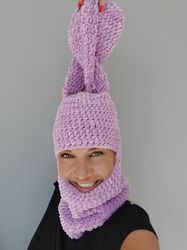 Bunny Balaclava Face Mask Knit Pink Velvet Bunny Ears Hat Crochet Rabbit Balaclava Hat