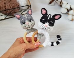 Baby rattle cat, cat stuffed animal, kitten toy, baby toy, crochet teether, newborn gift
