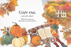 Watercolor fall clipart, Autumn country landscape illustrations, Thanksgiving digital paper, fall wreath png
