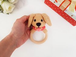 Baby rattle dog Labrador Retriever, baby toy, crochet teether, puppy toy, newborn gift, mini crochet animal