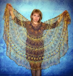 Gold crochet warm Russian shawl, Handmade Orenburg shoulder wrap, Goat down stole, Wool cape, Bridal cover up, Kerchief