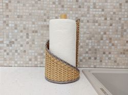 Paper towel holder organizer. Handmade roll dispenser for kitchen countertop. Wicker basket for storing paper towels