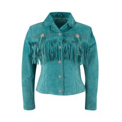 Women Turquoise Suede Leather Fringe Jacket