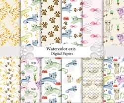 Watercolor cats, seamless patterns.