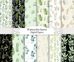 Watercolor leaves, seamless patterns.