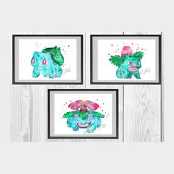 Pokemon Bulbasaur Set Art Print Digital Files decor nursery room watercolor