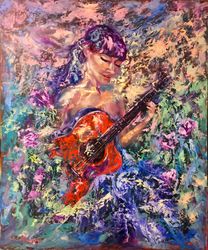 Guitar Girl Woman Art Original Large Oil Painting Soul Song Artist Svinar Oksana