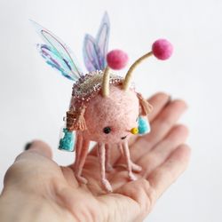 felted pink toy, fantasy craft figurine made of wool, collectible miniature toy with flexible legs, cute fairy doll