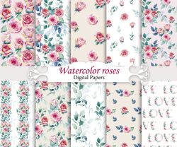 Watercolor roses, seamless patterns.