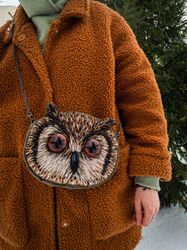 Braun owl clutch bag hand embroidery aesthetic gift for women tote bag