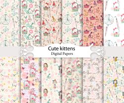 Cute kittens, girls, seamless patterns.