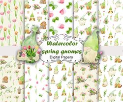 Watercolor spring gnomes, seamless patterns.