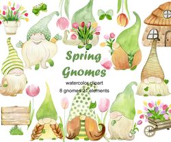 Watercolor spring gnomes, clipart.