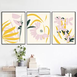 Abstract Flowers Yellow Pink Art Floral Print Abstract Plants 3 Piece Wall Art Large Poster Digital Prints Kitchen Art