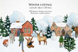 watercolor winter village clipart, people in winter forest illustrations, woodland animals clip art, christmas landscape