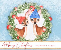 Watercolor Christmas clipart PNG,  watercolor fawns PNG. Christmas tree PNG clipart