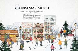 Christmas city clipart, Watercolor winter house illustrations