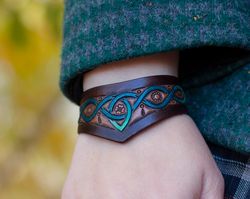 Green and blue celtic bracelet, celtic leather wristband, celtic design bracelet with triskel and trinity knot