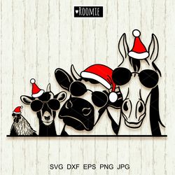 Christmas Farm Animals with Santa Hats And Sunglasses Svg Cricut, Cow Horse Goat Chicken, Farmhouse Sign, Laser Cut File