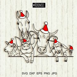 Christmas Farm Animals with Santa Hats Svg Cricut, Cow Horse Goat Chicken Pig Sheep, Farmhouse Sign, Laser Cut File