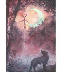 Wolf art, Forest painting, Fantasy art, ORIGINAL watercolor painting
