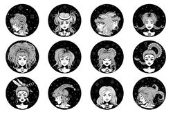 Fantasy Zodiac Girls in Black and White