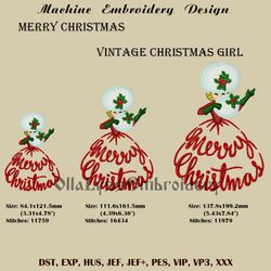 Vintage Merry Christmas Girl machine embroidery design in 3 sizes