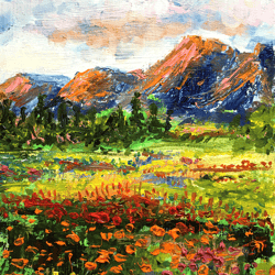 California Poppy Painting Mountain Super Bloom Original Art Landscape Impasto Oil Artwork 7 by 5 by SerjBond