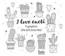 Cacti SVG, Cactus clip art, Outline, SVG File, hand drawn, PNG, Digital Download, Cactus PNG