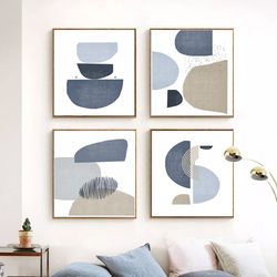 Blue Abstract Art Set Of 4 Prints Living Room Wall Art Scandi Art Home Decor Geometric Print Digital Download 4 Posters