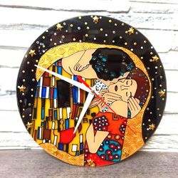 Kiss Klimt Stained glass wall clock Wedding Anniversary gift Original painting on glass Silent clock for bedroom