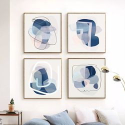 Blue Abstract Print Square Wall Art Geometric Art Set Of 4 Prints Digital Download 4 Posters Shapes Art Interior Decor