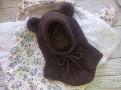 Boys balaclava with bear ears - babies bonnet - winter merino wool hat - helmet for baby - gifts for boys - brown hat