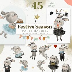 Cute Party Bunny Rabbits & Accessories Character Creator Watercolor Kids Clipart for Christmas, New Year, Valentine's