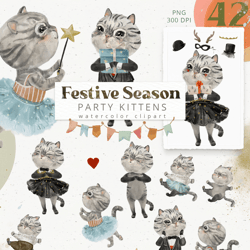 Cute Party Cats Kittens & Accessories Character Creator Watercolor Kids Clipart for Christmas, New Year, Valentine's