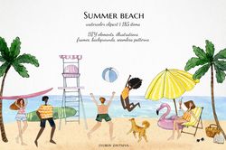 watercolor summer beach clipart, people on beach illustrations