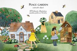 watercolor garden clipart, black girl with insects illustrations, cute houses clip art, bug png