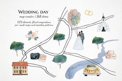 wedding map creator watercolor clipart, hand drawn custom map invitation, timeline card, save the date stationary png