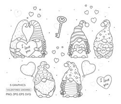 Valentine gnomes SVG, Valentine gnomes clip art, Outline, SVG File, hand drawn, PNG, Digital Download, Valentine gno PNG
