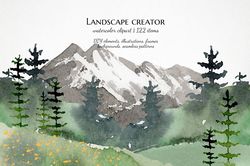 Landscape creator clipart, watercolor mountain forest illustrations, tree png, lake background, printable nature poster
