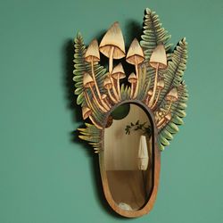 Wall Mirror Mushrooms, wooden mirror, wood burning, boho mirror wall decor
