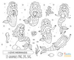 Mermaids Outline SVG, Mermaids clip art, Outline, SVG File, hand drawn, PNG, Digital Download