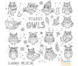Owls Outline SVG, Owls clip art, Outline, SVG File, hand drawn, PNG, Digital Download
