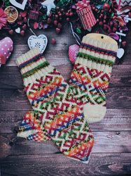 Women's Handmade Wool Socks with a Multicolored Pattern Hand knitted wool socks