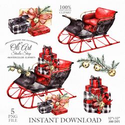 Merry Christmas Sleigh Clip Art. Digital Clipart, Hand Drawn Graphics, Digital Download. OliArtStudioShop