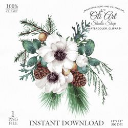 Merry Christmas Bouquet Clip Art. Digital Clipart, Hand Drawn Graphics, Digital Download. OliArtStudioShop