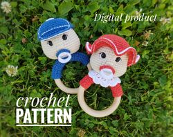 Crochet baby rattle pattern girl and boy, amigurumi crochet pattern, teething toy tutorial, doll amigurumi toy